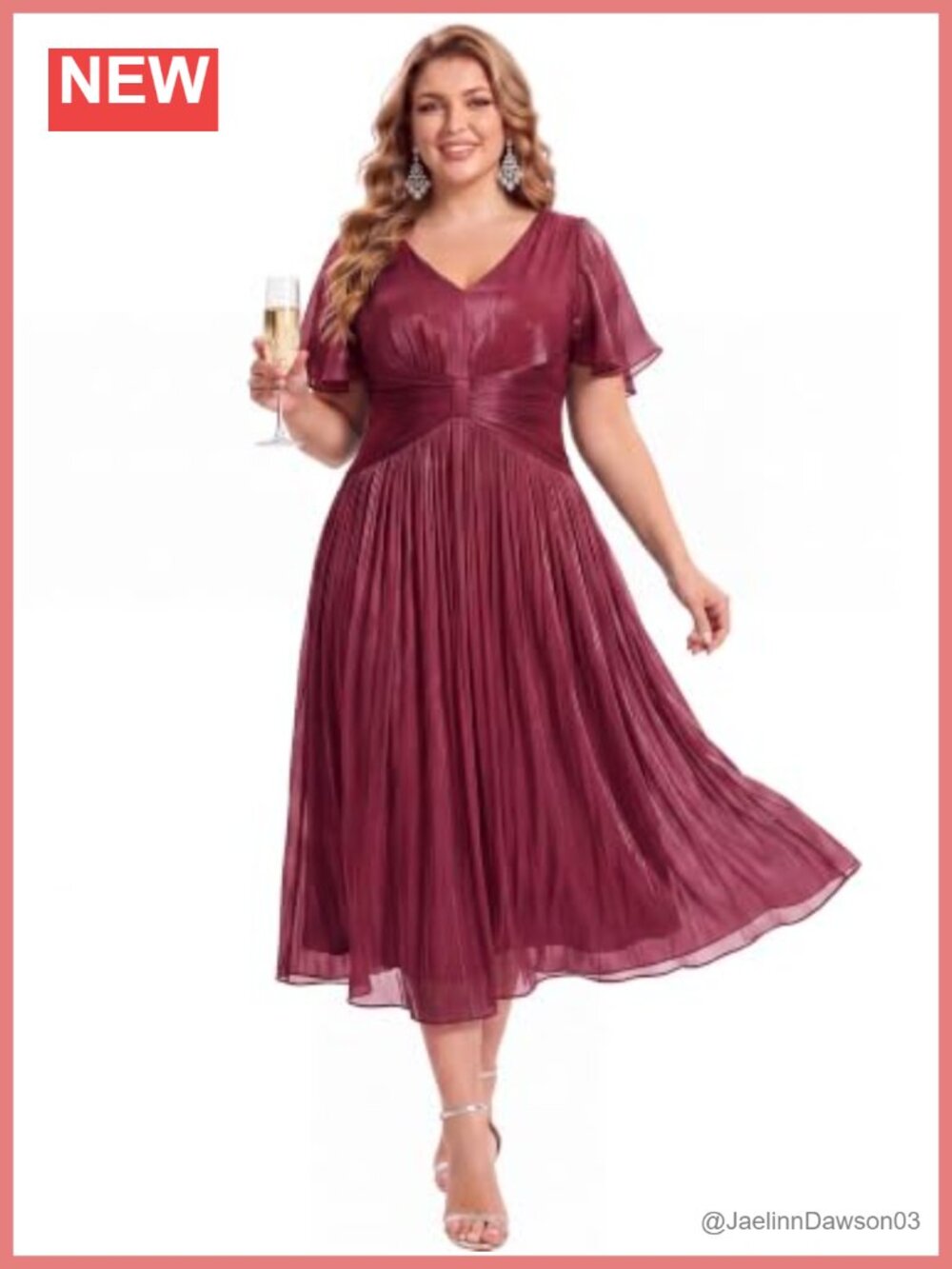 Plus Size Midi A-Line Dress Ruffle Sleeve V-Neck Wedding Guest Cocktail